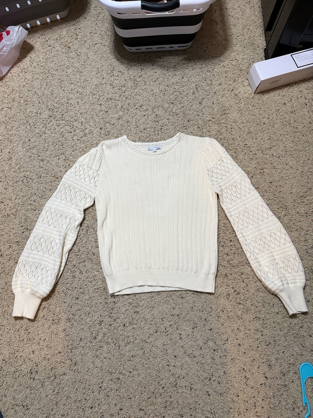 Baltic born Women’s Cream Knit Sweater with Puff Lace Sleeves